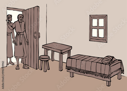 Vector drawing. A woman offers housing to the prophet Elisha.