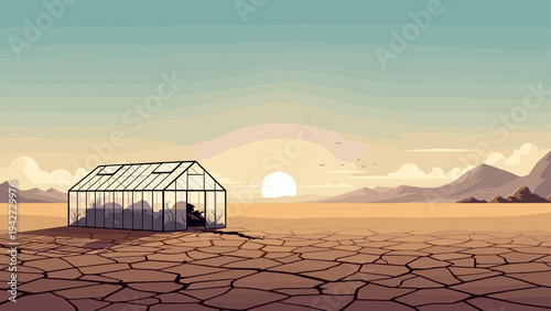 Arid landscape with greenhouse and cracked earth at sunset