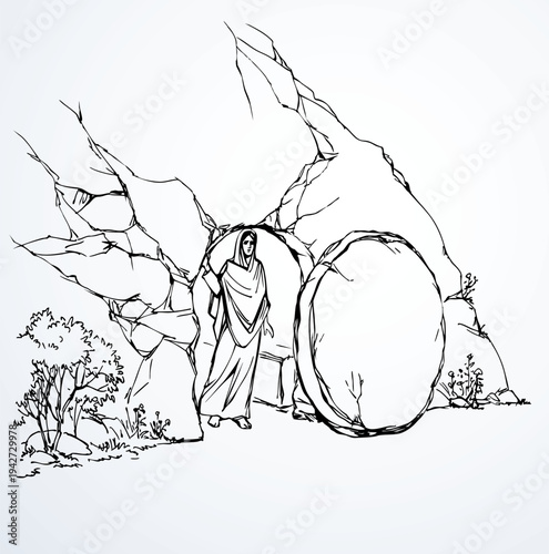 Vector drawing. Person in the cave door