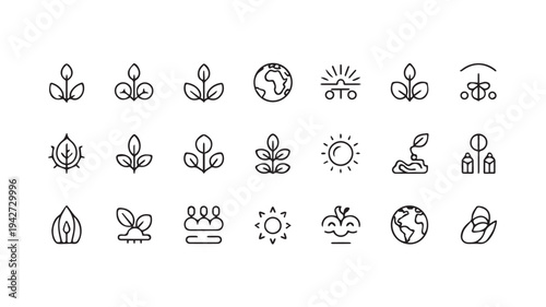 Nature and growth icon set: plants, leaves, earth, sun, and seedlings for environmental concepts
