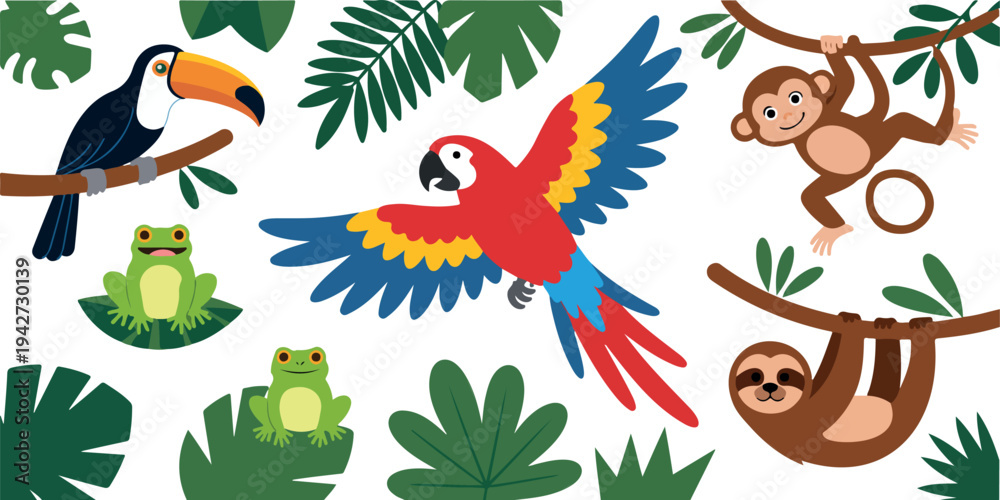 Naklejka premium Tropical jungle animals illustration set with colorful parrot toucan monkey sloth frog and lush green leaves flat vector