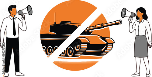 Man and woman with megaphones against a tank vector illustration, flat design symbolizing protest or resistance
