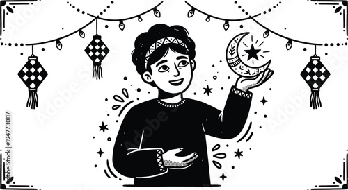 Woman holding crescent moon with star, surrounded by lanterns and string lights, vector illustration