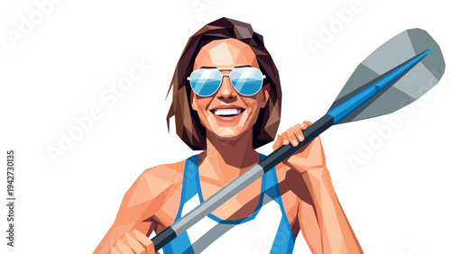 Geometric portrait of smiling woman with paddle in casual sportswear and sunglasses
