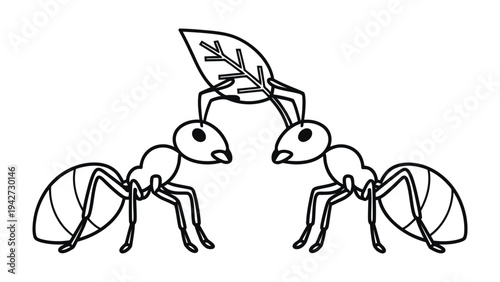 Ants working Together: Two ants collaborate, carrying a large leaf with determined focus, demonstrating teamwork and mutual assistance in a monochromatic scene.