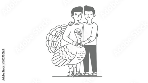 Thanksgiving Embrace: A tender scene unfolds as a duo embraces a turkey, conveying warmth and affection. 