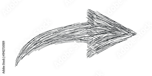 Hand drawn sketchy doodle arrow symbol pointing rightwards depicting a creative direction or share graphic element