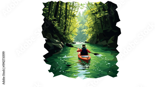 Kayaker exploring serene green river in vibrant polygon art