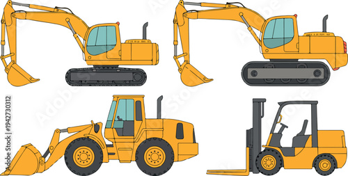 Construction heavy equipment set with excavator bulldozer road roller wheel loader and forklift industrial machinery vector illustration