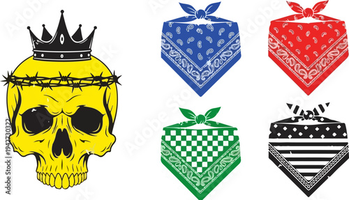 Vector illustration of a yellow skull with a black crown and barbed wire, alongside a set of four folded bandanas in blue, red, green checkered, and black striped patterns