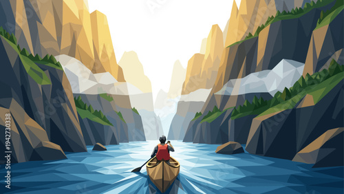 Man canoeing through majestic low poly canyon landscape at sunrise