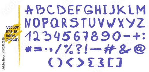 Hand drawn kids font with chalk texture. Doodle English letters and numbers, punctuation marks written with wax crayon. Rough textured alphabet vector illustration isolated on transparent background