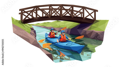 Geometric kayaking adventure under a wooden bridge
