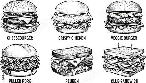 Six Classic Burgers and Sandwiches Set Flat Design Vector Illustration Food Graphic