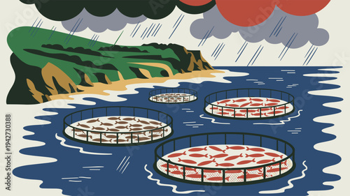 Marine sensor network monitoring ocean conditions. Ocean monitoring system with multiple floating sensors collecting marine environmental data.