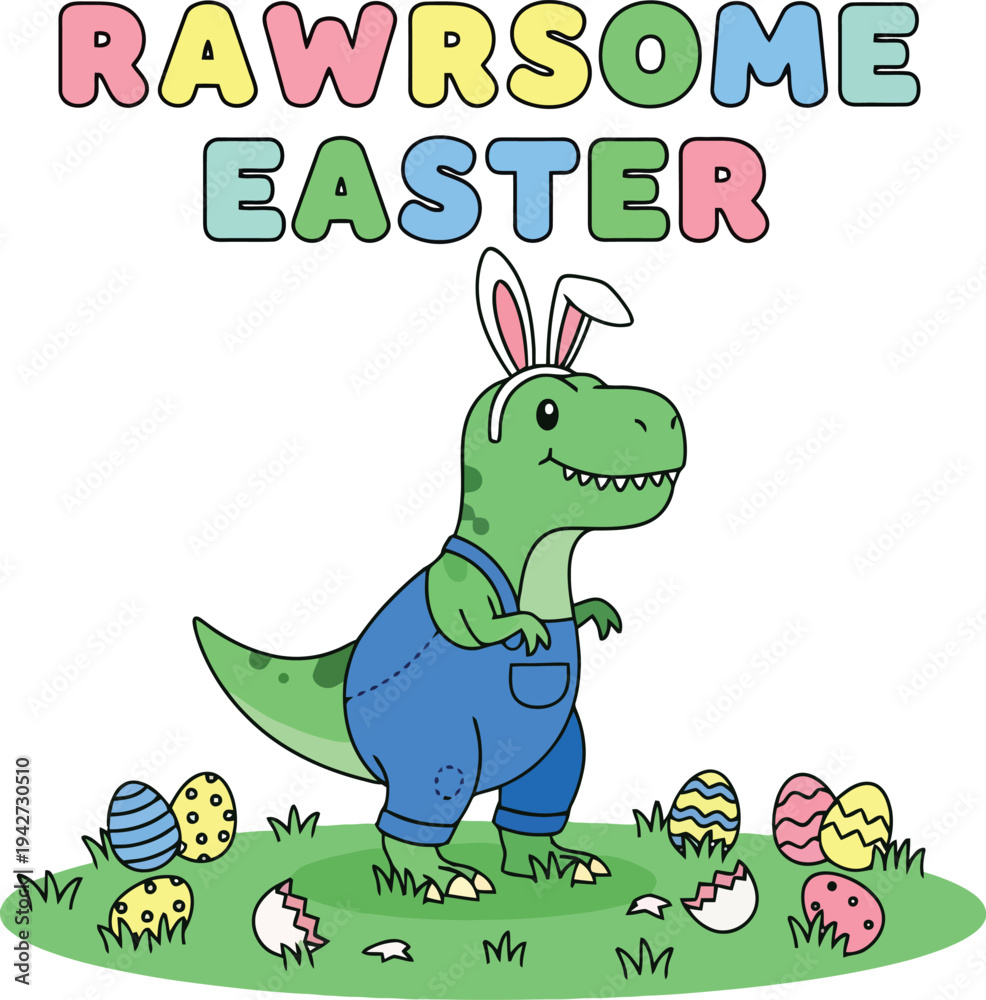 Fototapeta premium illustration of a cute cartoon t-rex dinosaur in a bunny ear headband and overalls for rawrsome easter