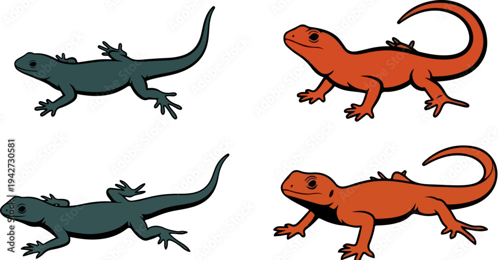 Naklejka premium Set of 4 Cartoon Lizards Vector Illustration with Two Dark Green and Two Orange Reptiles for Nature and Wildlife Designs