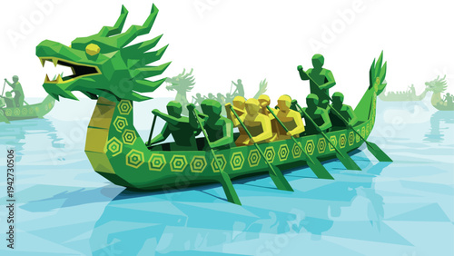 Dragon boat race in vibrant geometric style on tranquil water
