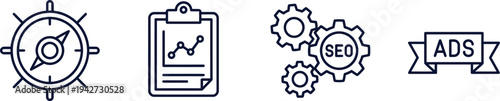Digital marketing SEO and advertising strategy icons set flat design vector illustration