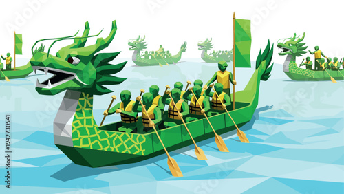 Low polygon dragon boat race: vibrant team paddling with geometric green dragons