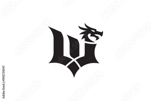Distinctive dragon head integrated into a stylish gothic letter w logo design