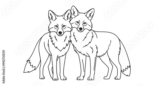 Fox duo friendship outline: Two foxes stand side-by-side in this simple, elegant outline. Expressing friendship and companionship in a minimalist aesthetic.