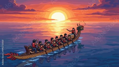 Rowers in a dragon boat at sunset in a pixel art style
