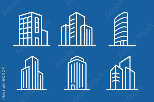 Modern Skyscraper Logo and Icon Set on Blue Background Simple Line Art Buildings Collection