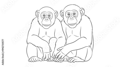 Chimpanzee Duo: An intimate depiction of two chimpanzees, seated closely together in a moment of quiet connection, rendered with a clean, linear aesthetic. 