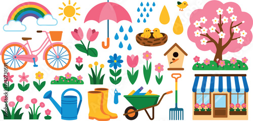 Fotografie Spring garden elements collection with flowers bicycle umbrella wheelbarrow bird