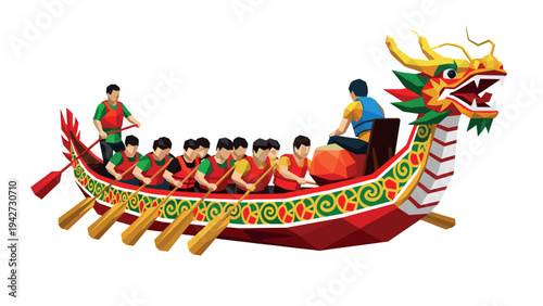 Colorful low poly dragon boat racing scene with team rowing in unison