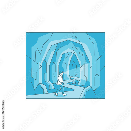 Person walking through a surreal ice cave.