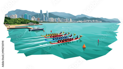 Geometric dragon boat race against city skyline in abstract coastal scene