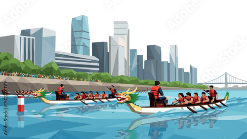 Dragon boat race in modern cityscape with geometric art style