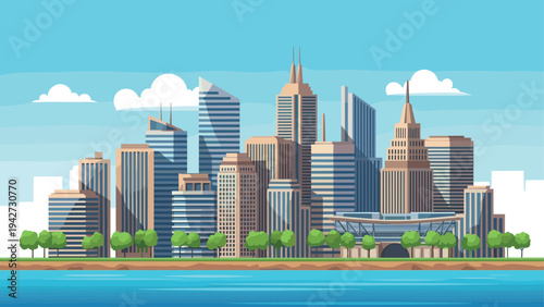 Modern city skyline with skyscrapers and waterfront in flat design