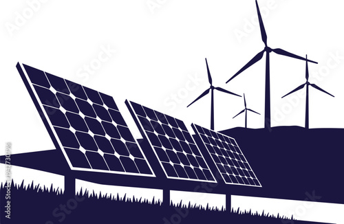 Blue silhouette of renewable energy field featuring solar panels and wind turbines on grassy hill for sustainable ecology and green power graphic design elements