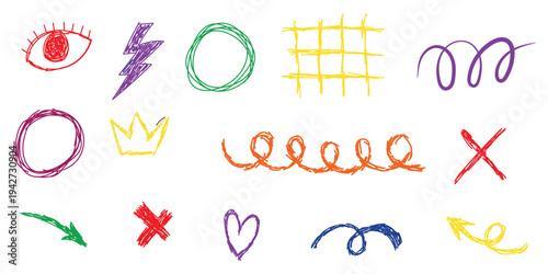Vibrant collection of hand drawn doodle elements featuring eyes lightning bolts hearts and arrows on white