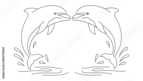 Two Dolphins Leaping Together: A delightful line art illustration depicts two dolphins joyfully leaping out of the water, their outlines gracefully mirroring each other amidst splashes.