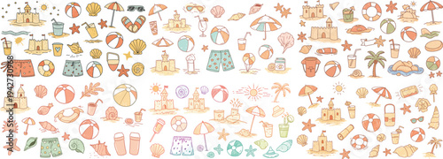 Colorful beach-themed illustrations featuring sandcastles, beach balls, and tropical elements.