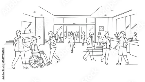 Linear hospital lobby scene with diverse people interacting and medical staff assisting patients