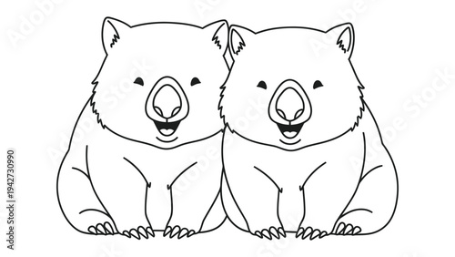Two Wombats Cartoon Outline: A charming black and white outline illustration of two cute wombats sitting side-by-side, with happy expressions and simple details.