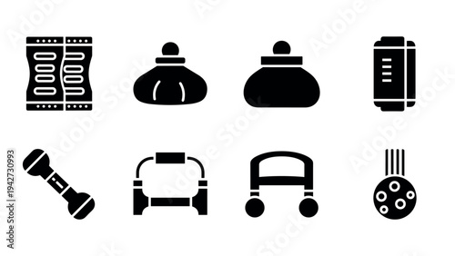 Minimalist black and white silhouette icons of perfume, dumbbell, cosmetics, and spa items