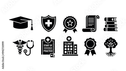 Medical education and certification icons: silhouette series