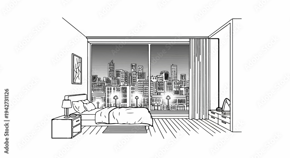Fototapeta premium Bedroom interior with large window overlooking a nighttime cityscape