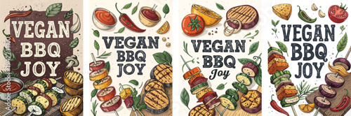 Colorful vegan BBQ illustrations featuring various grilled vegetables and kebabs.