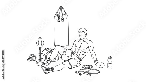 Outline of athlete relaxing with fitness equipment in gym setting
