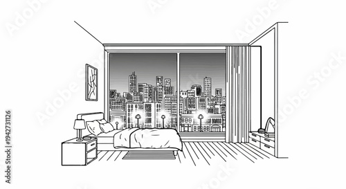 Bedroom interior with large window overlooking a nighttime cityscape
