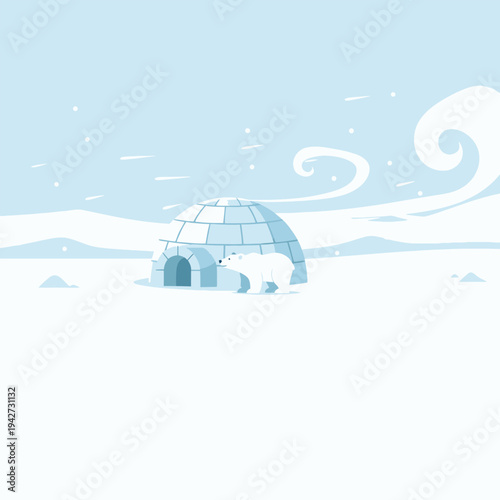 Polar Bear Near Igloo in Snowy Arctic Landscape.