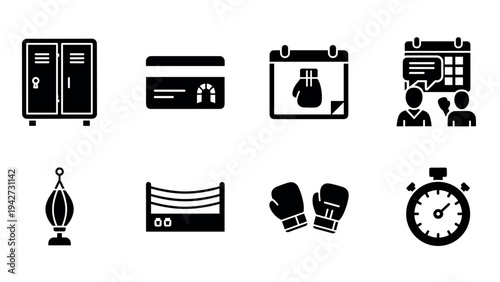 Sports silhouette icons: boxing essentials and training elements