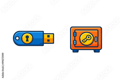 Secure data storage icons: USB drive and safe with key